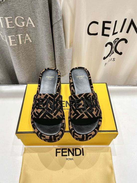 Fendi Wedge Heel Non Slip Leather Lined Slide Sandals