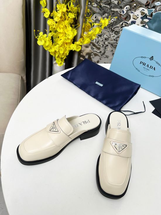 Prada Round Toe Buckle Loafer Slides Soft Patent Leather