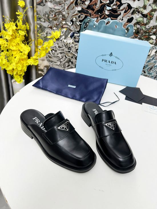 Prada Round Toe Buckle Loafer Slides Soft Patent Leather