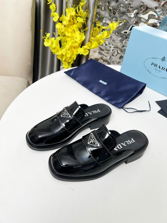 Prada Round Toe Buckle Loafer Slides Soft Patent Leather