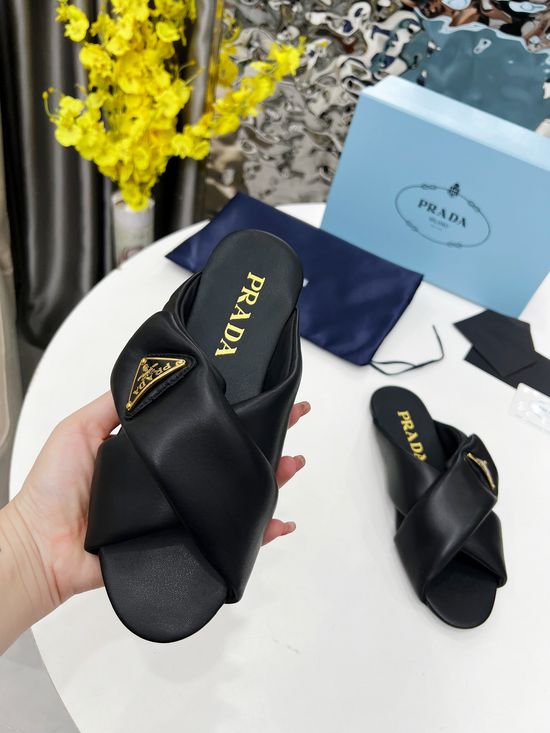 Prada Soft Leather Mule Slides Lightweight Non Slip Easy to Wear