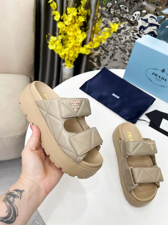 Prada Platform Slip On Slides Soft Leather Comfortable Height Boosting