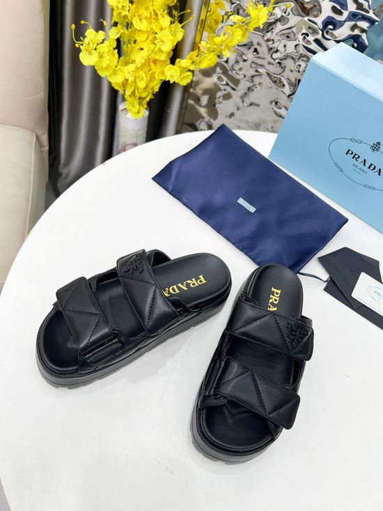 Prada Platform Slip On Slides Soft Leather Comfortable Height Boosting
