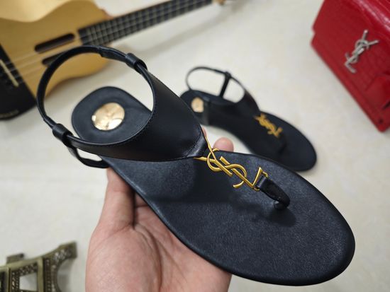Yves Saint Laurent Rhinestone Buckle Flat Slide Sandals Premium Leather