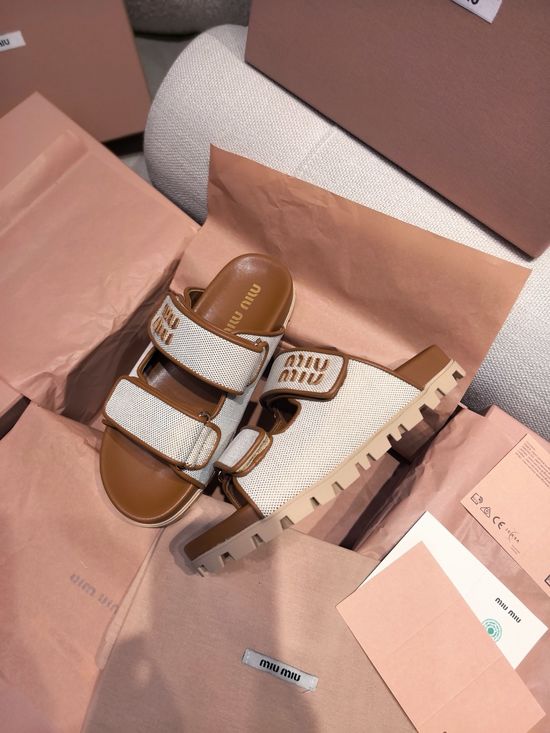 Miu Miu Canvas Leather Flat Sandals Comfortable Casual Slip On Shoes