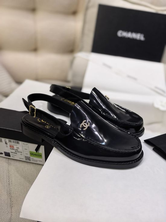 Chanel Polished Leather Loafers with Rhinestone Buckle Comfortable