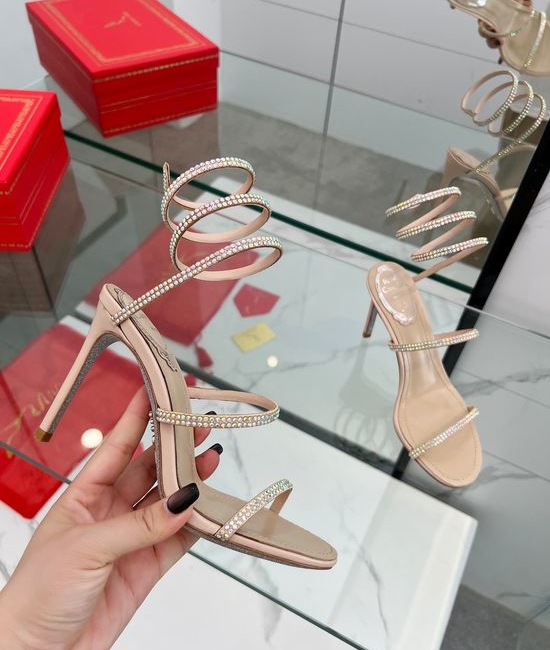 Rene Caovilla Elegant Rhinestone Ankle Wrap Heeled Sandals Premium Quality