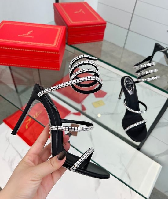 Rene Caovilla Crystal Embellished Snake Wrap Stiletto Sandals with Silk Upper