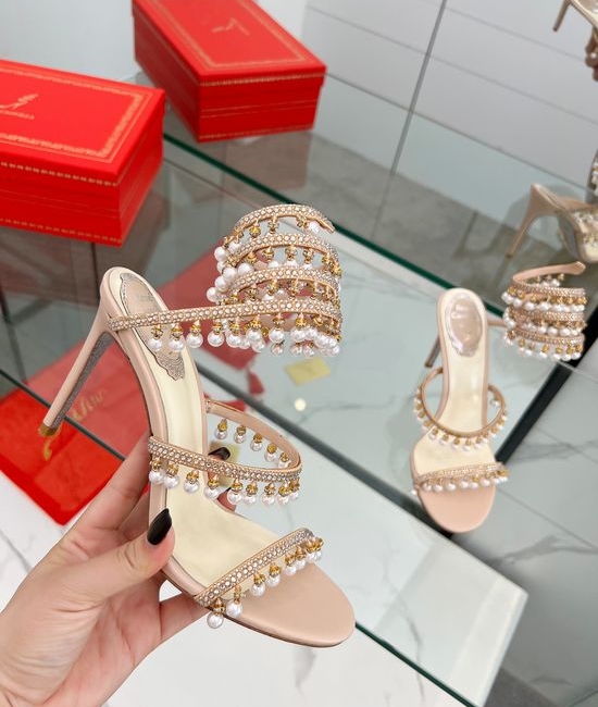 Rene Caovilla Crystal Pearl Ankle Strap Stiletto Sandals with Silk Upper