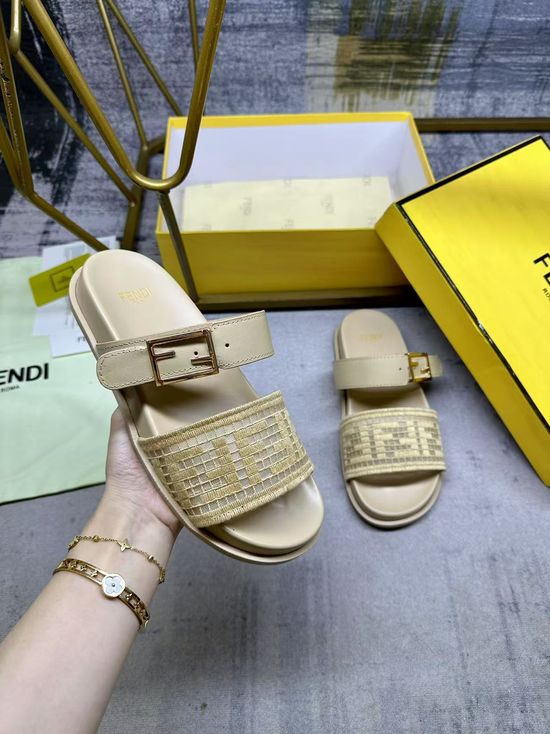 Fendi Dual Strap Flat Slide Sandals with Decorative Buckle