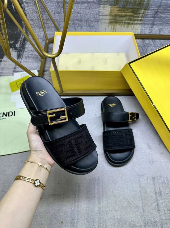 Fendi Dual Strap Flat Slide Sandals with Decorative Buckle