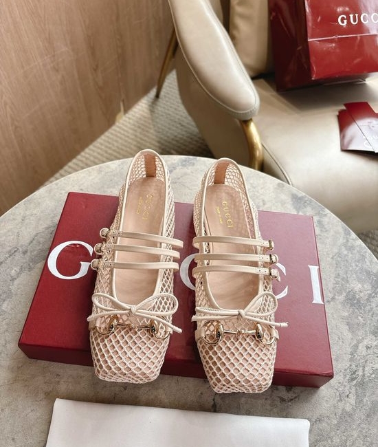 Gucci Pink Mesh Bow Square Toe Ballet Flats