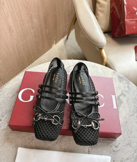 Gucci Black Mesh Bow Square Toe Ballet Flats