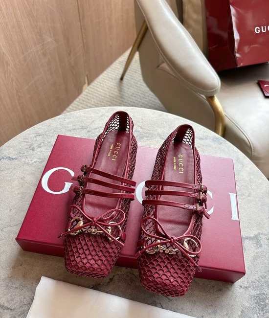 Gucci Burgundy Mesh Bow Square Toe Ballet Flats