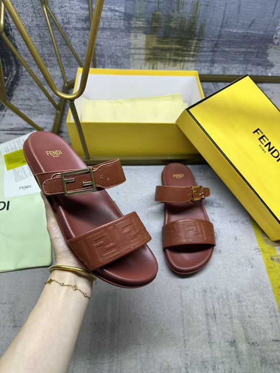 Fendi Dual Strap Embossed Pattern Flat Slide Sandals
