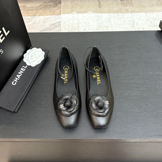 Chanel Camellia Decor Square Toe Leather Flat Mary Jane Shoes