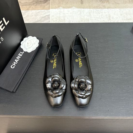 Chanel Camellia Decor Square Toe Leather Flat Mary Jane Shoes