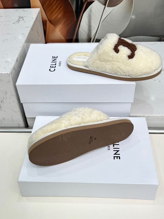 Celine Pure Wool Sheepskin Logo Non-slip Warm Slippers