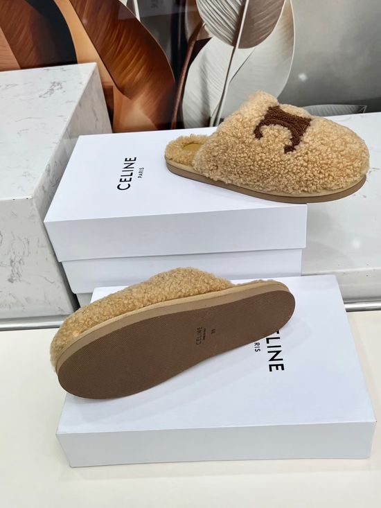 Celine Pure Wool Sheepskin Logo Non-slip Warm Slippers