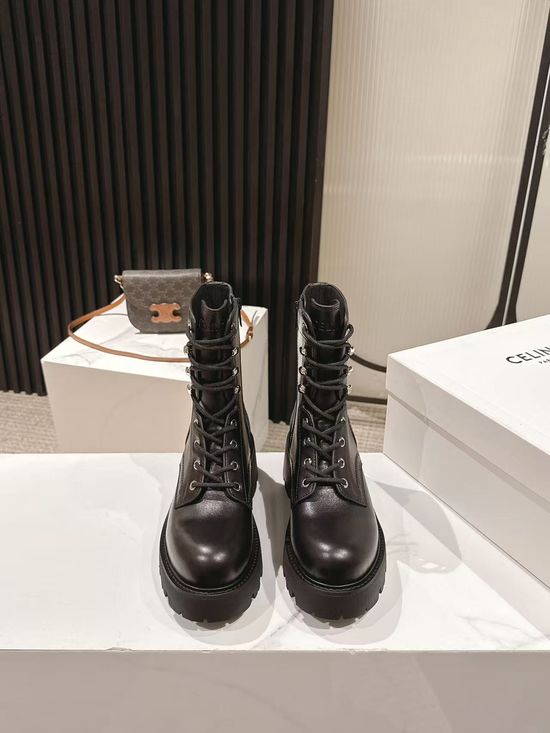 Celine Genuine Leather Thick Sole Lace-up Martin Boots