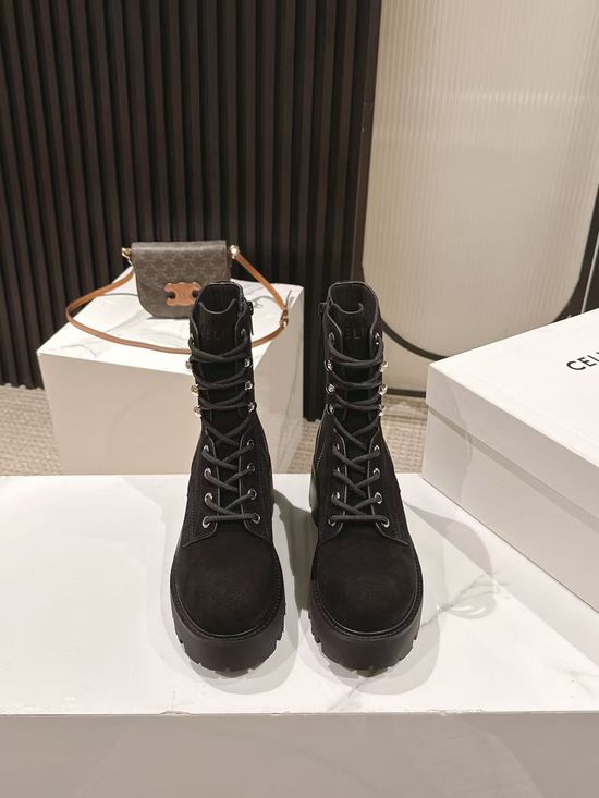 Celine Genuine Leather Thick Sole Lace-up Martin Boots