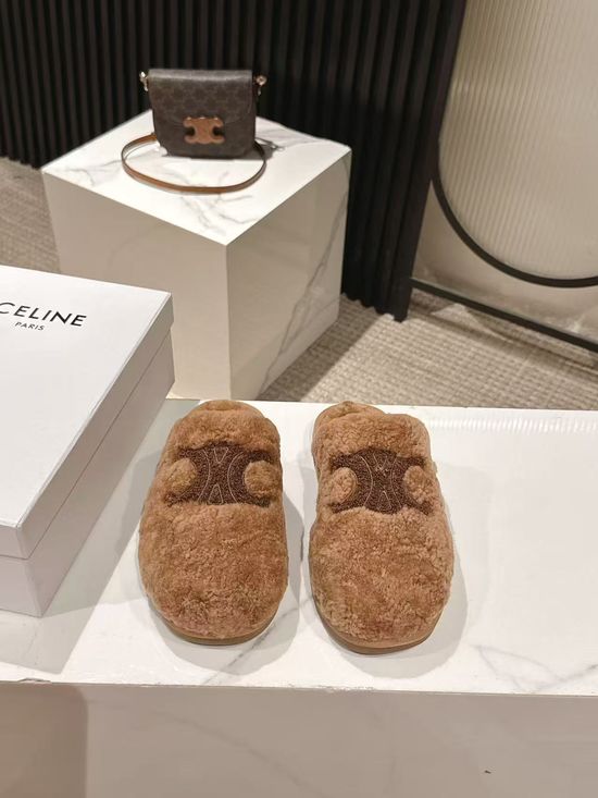 Celine Wool Lined Slippers Anti-slip Sole Elegant Design