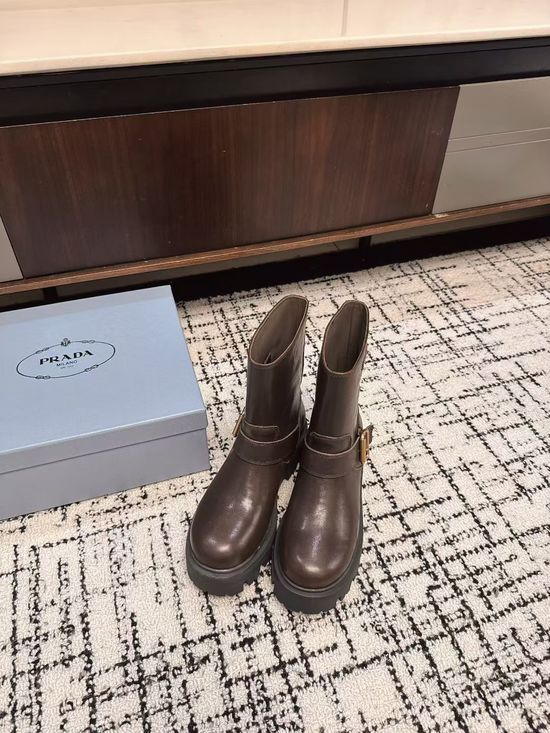 Prada Genuine Leather Chunky Platform Mid Calf Boots Casual Comfort