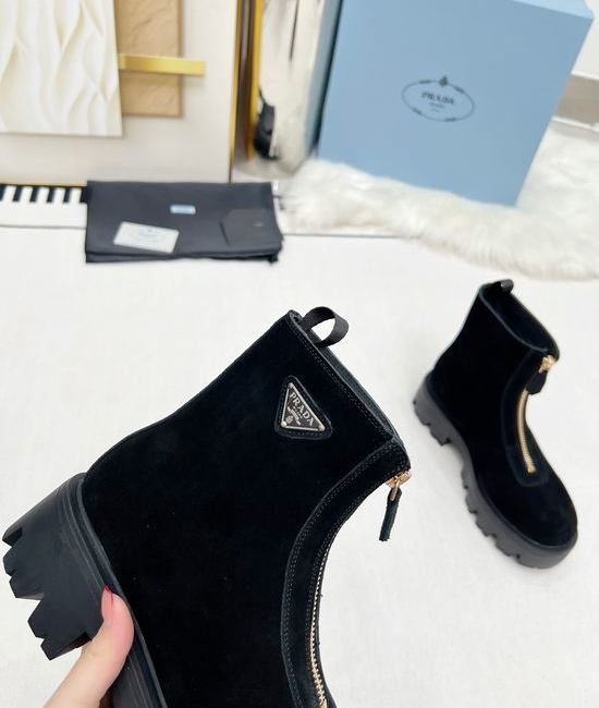 Prada Classic Logo Thick Sole Front Zipper Ankle Boots