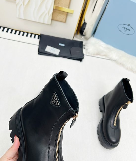 Prada Classic Logo Thick Sole Front Zipper Ankle Boots