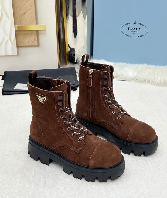 Prada Classic Logo Thick Sole Lace Up Zip Martin Boots