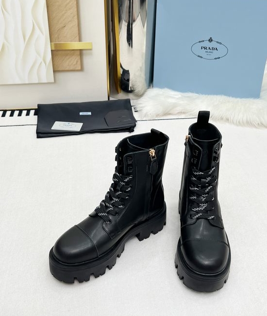 Prada Classic Logo Thick Sole Lace Up Zip Martin Boots