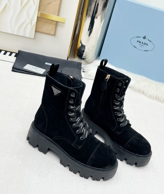 Prada Classic Logo Thick Sole Lace Up Zip Martin Boots