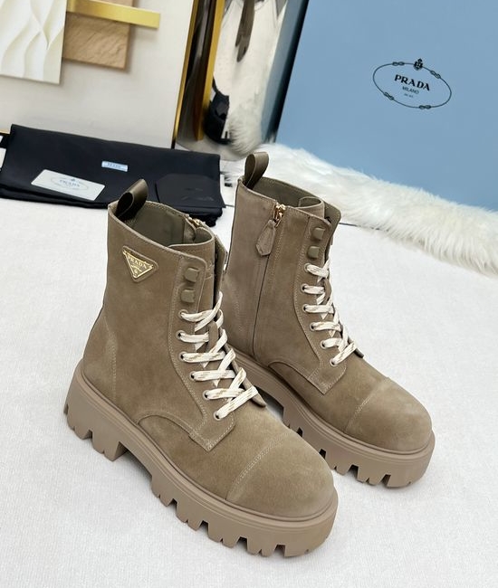 Prada Classic Logo Thick Sole Lace Up Zip Martin Boots