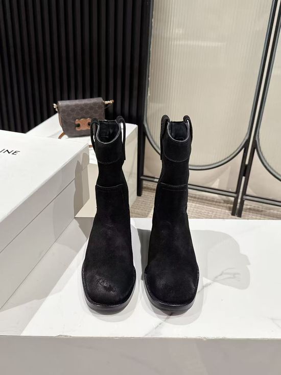 Celine Suede Western Ankle Boots with Low Heel