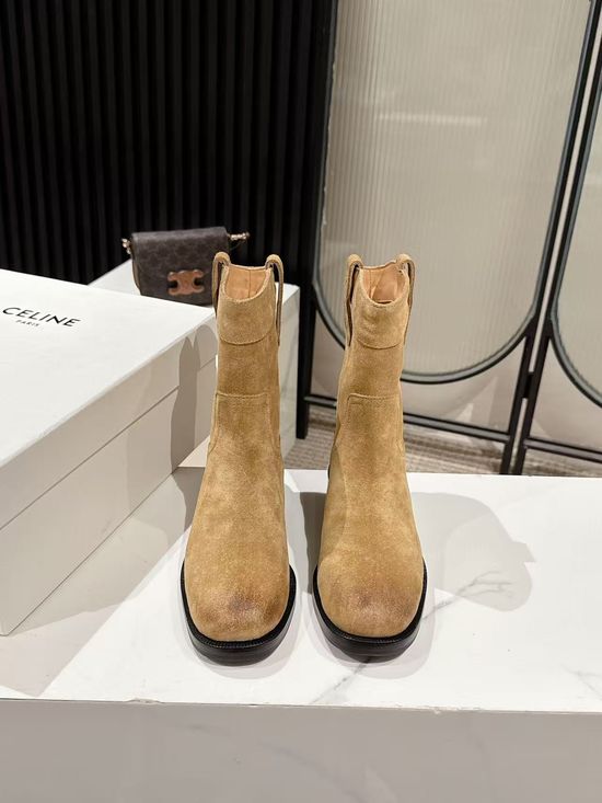 Celine Suede Western Ankle Boots with Low Heel