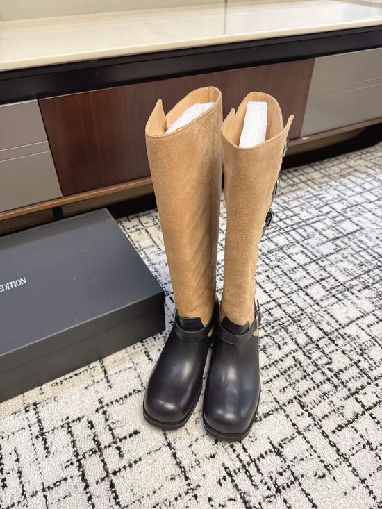 Ateliereditio Vintage Suede Buckle Knee High Chunky Heel Boots