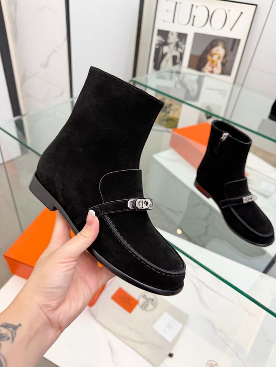 Hermes Metal Buckle Decorated Leather Flat Ankle Boots