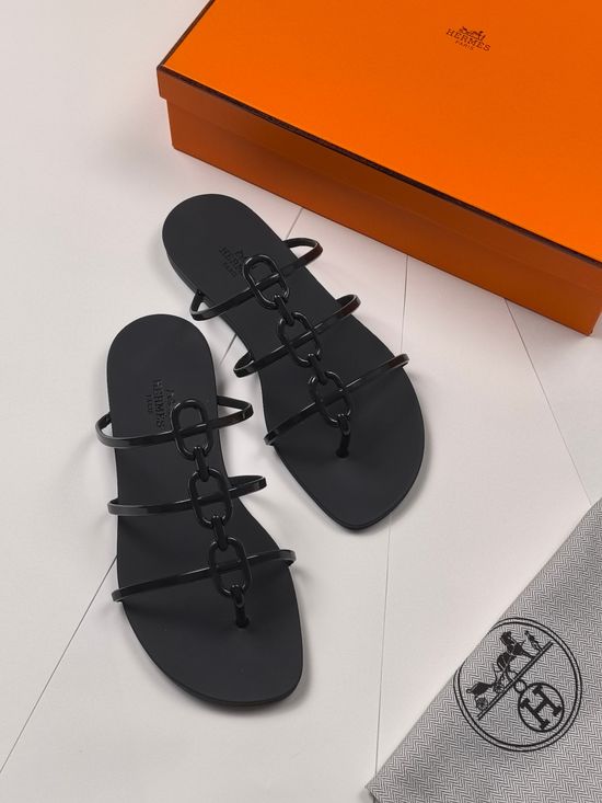 Hermes Chain Decorated Thong Flip Flops with Shiny Sole
