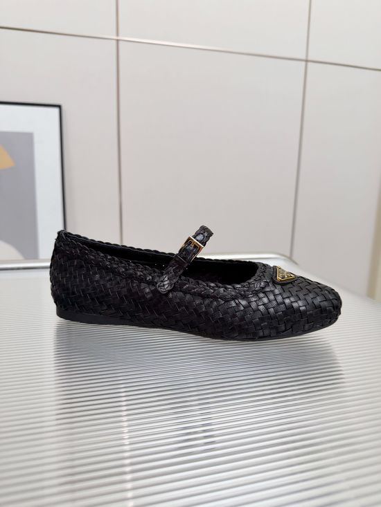 Prada Leather Straw Woven Ballet Flat Shoes