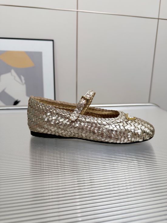Prada Leather Straw Woven Ballet Flat Shoes