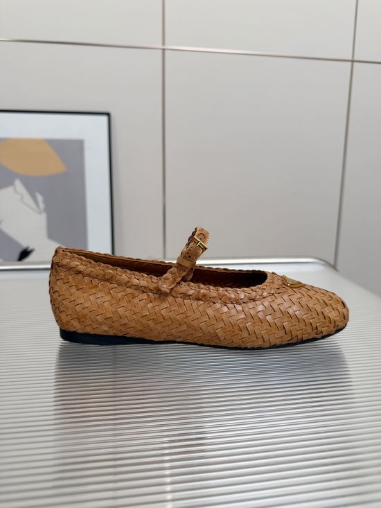 Prada Leather Straw Woven Ballet Flat Shoes