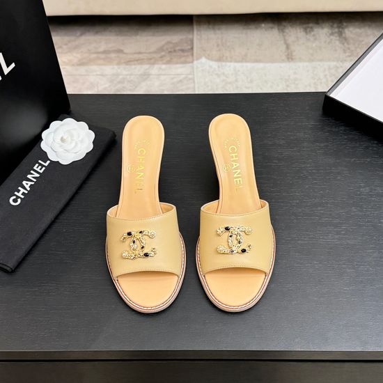 Chanel Classic Emblem Sheepskin Wedge Slide Sandals