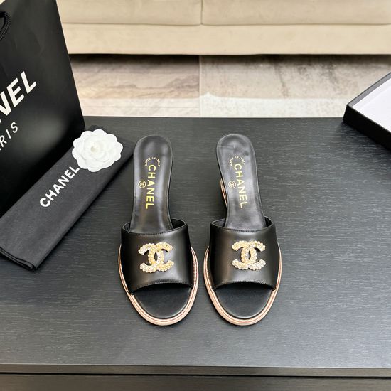 Chanel Classic Emblem Sheepskin Wedge Slide Sandals