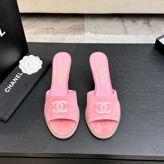 Chanel Classic Emblem Sheepskin Wedge Slide Sandals