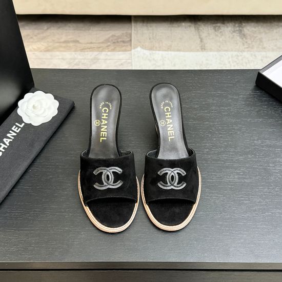 Chanel Classic Emblem Sheepskin Wedge Slide Sandals