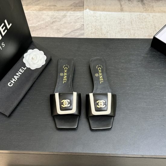 Chanel Leather Square Toe Adjustable Buckle Slip-on Slides