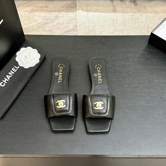 Chanel Leather Square Toe Adjustable Buckle Slip-on Slides
