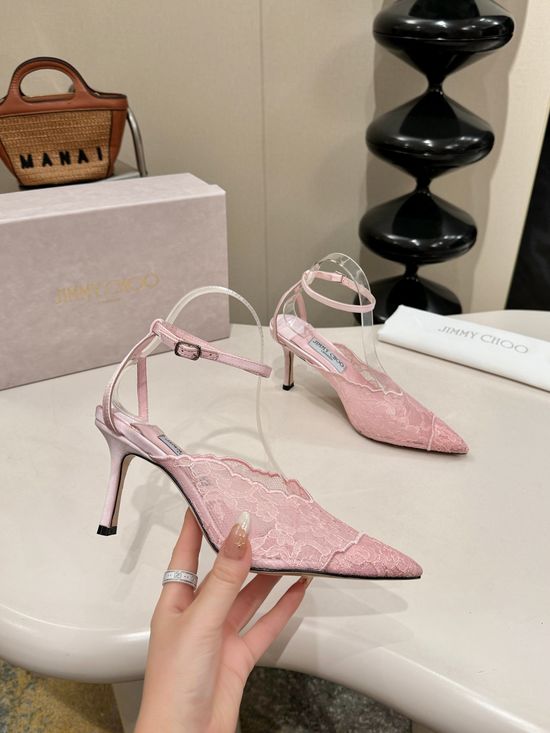 Jimmy Choo Lace Upper Sheepskin Lined Leather Sole Heels