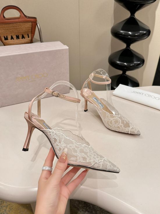 Jimmy Choo Lace Upper Sheepskin Lined Leather Sole Heels