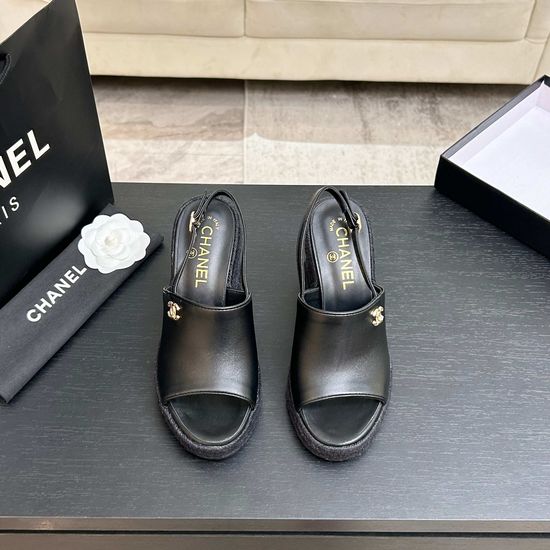 Chanel Genuine Leather Wedge Sandals with Premium Packaging